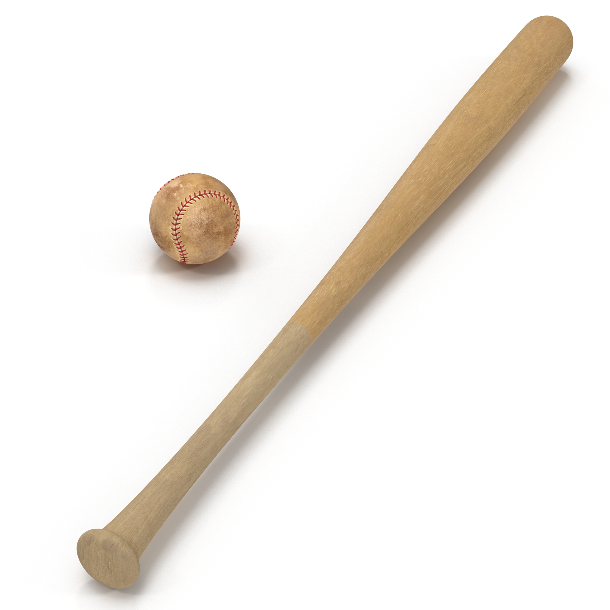 Baseball and Wooden Baseball Bat 2 3D model