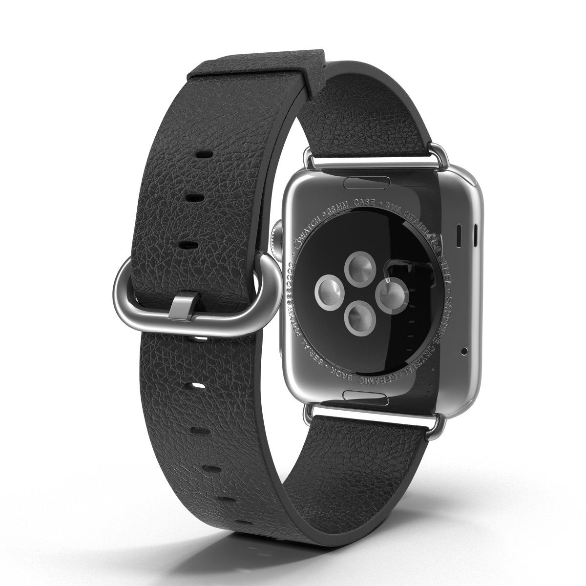 3D Apple Watch 38mm Classic Buckle Black Leather Stainless Steel