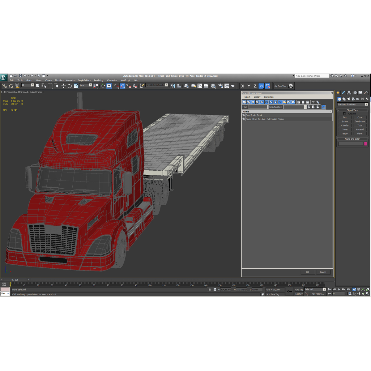 3D model Truck and Single Drop Tri Axle Trailer 2