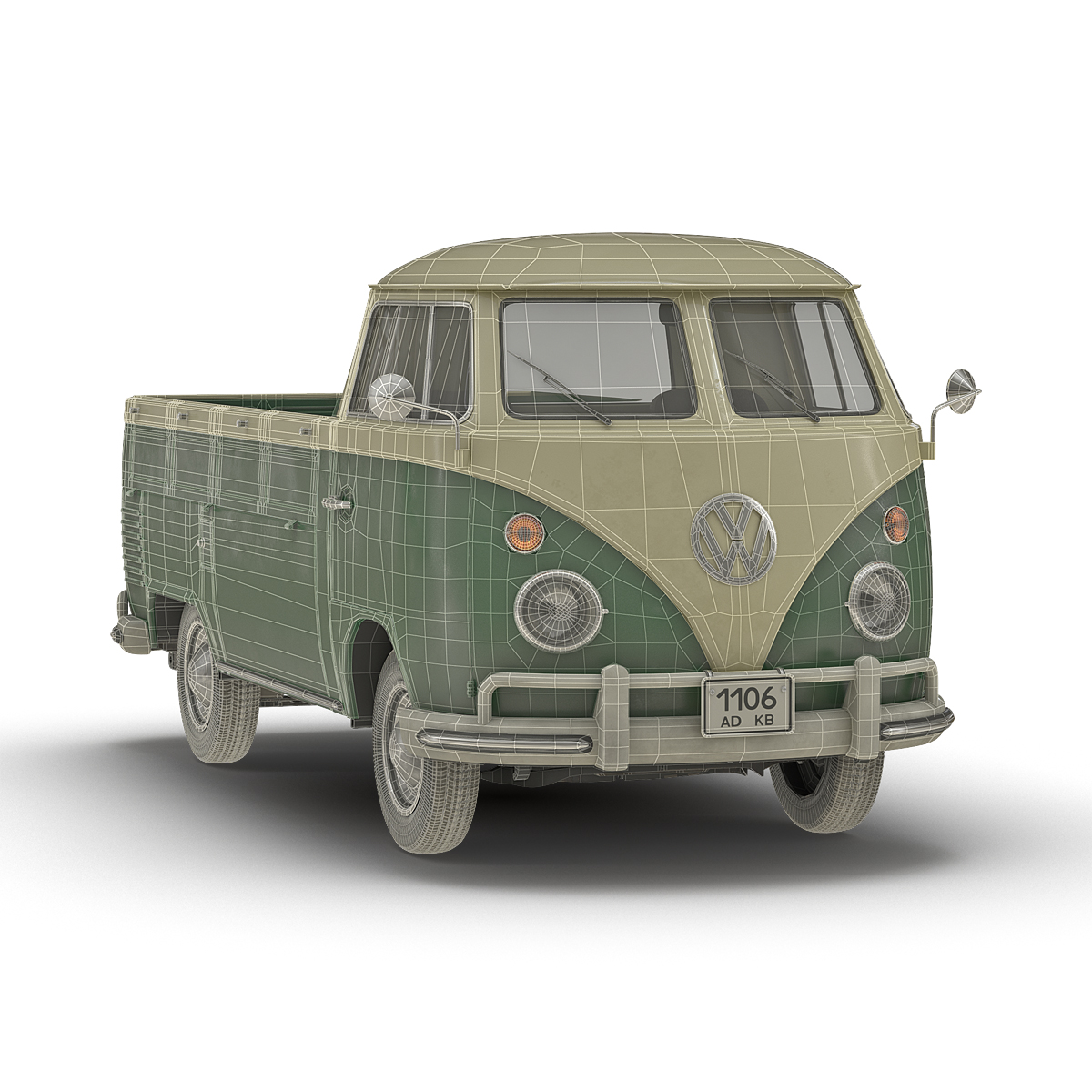 3D Volkswagen Type 2 Single Cab Pick Up Simple Interior Green model