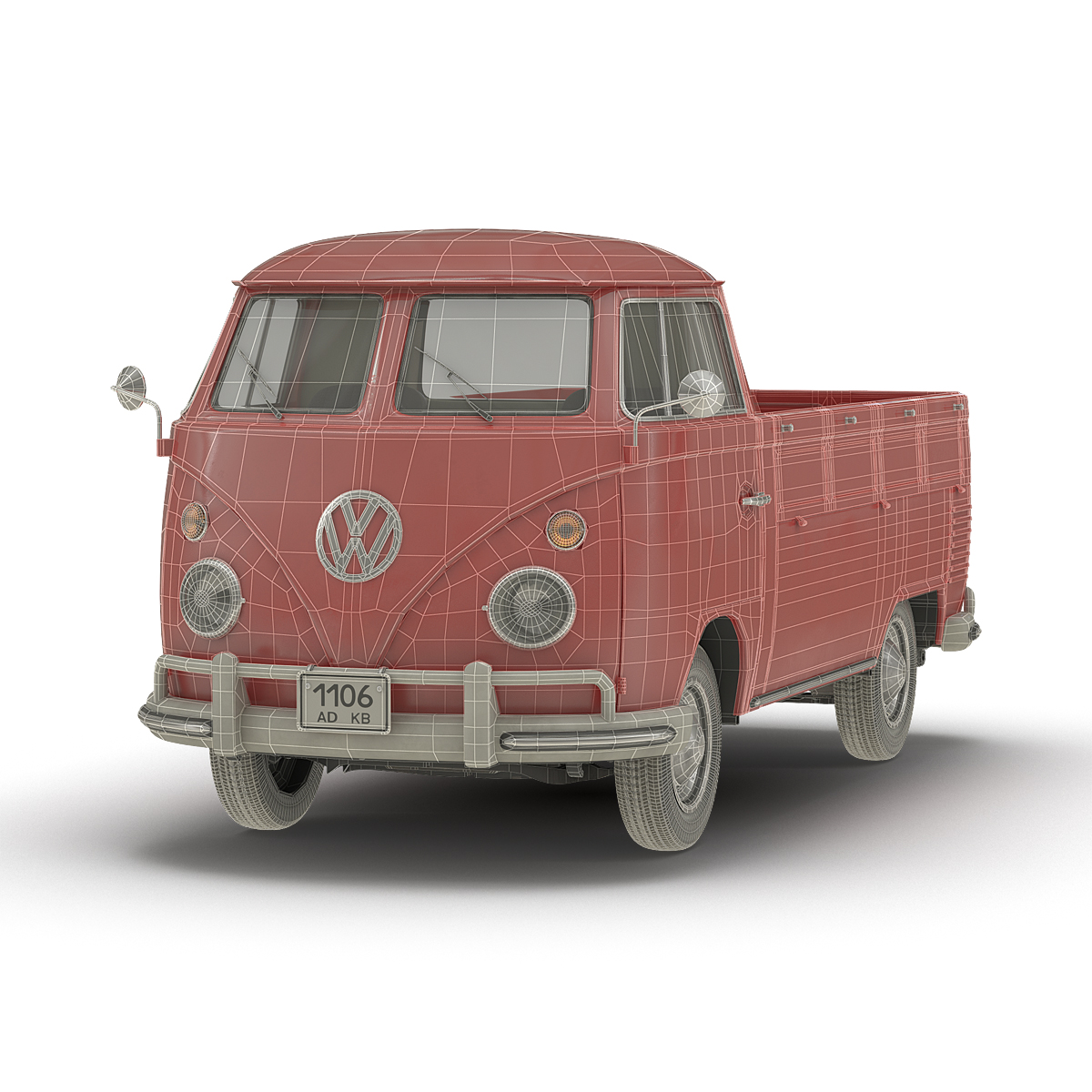3D Volkswagen Type 2 Single Cab Pick Up Simple Interior Red