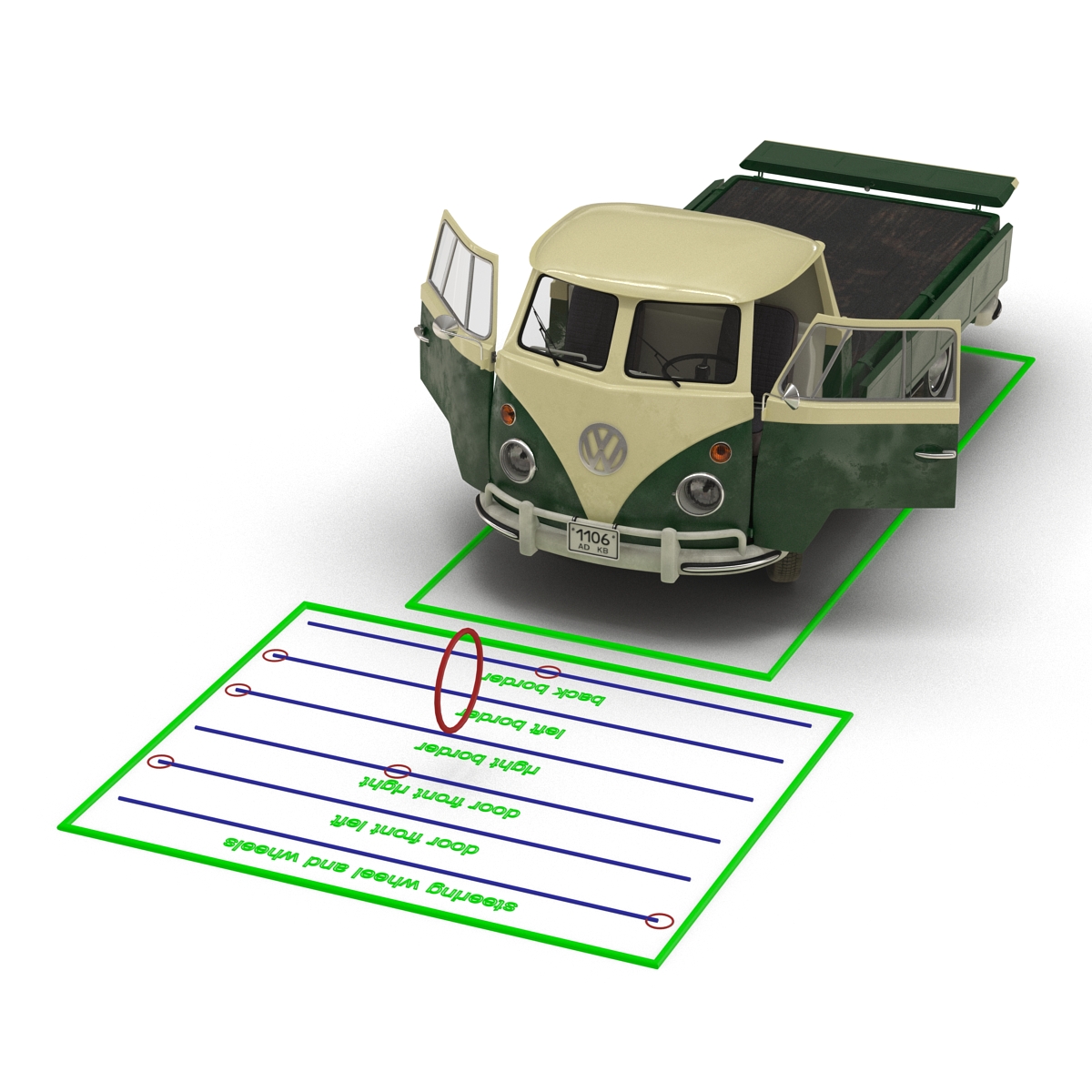 Volkswagen Type 2 Single Cab Pick Up Rigged Green 3D model