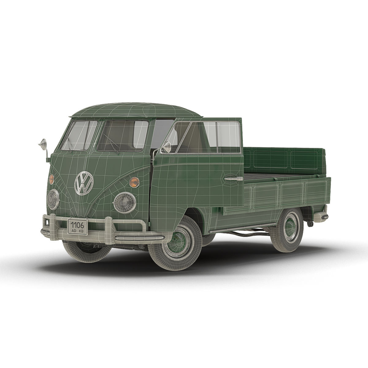 3D Volkswagen Type 2 Single Cab Pick Up Rigged Green 2