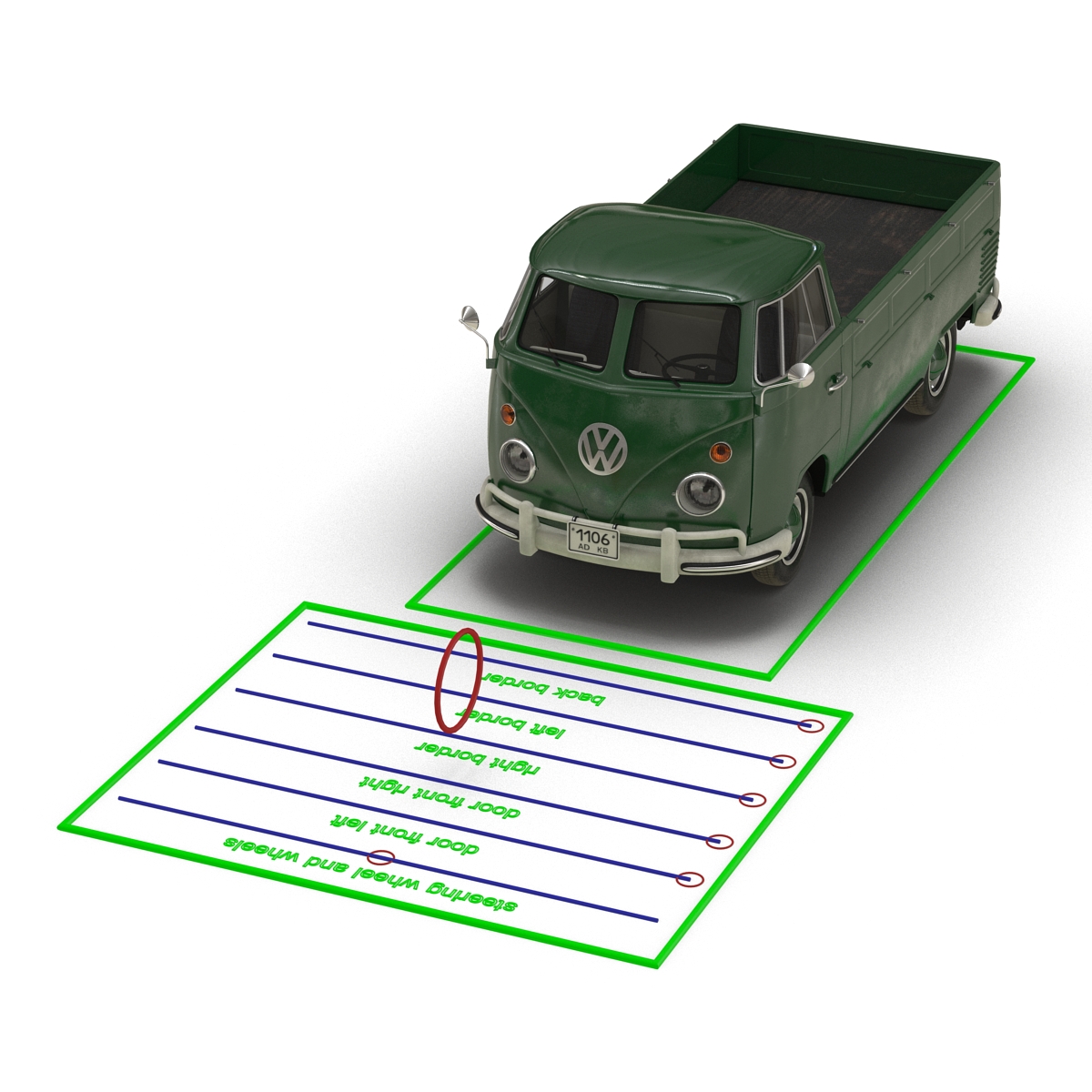 3D Volkswagen Type 2 Single Cab Pick Up Rigged Green 2