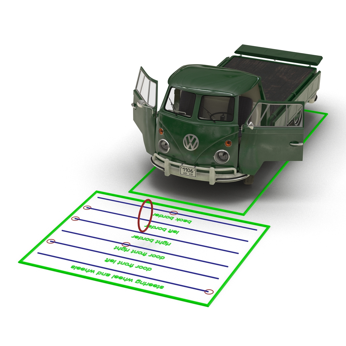 3D Volkswagen Type 2 Single Cab Pick Up Rigged Green 2