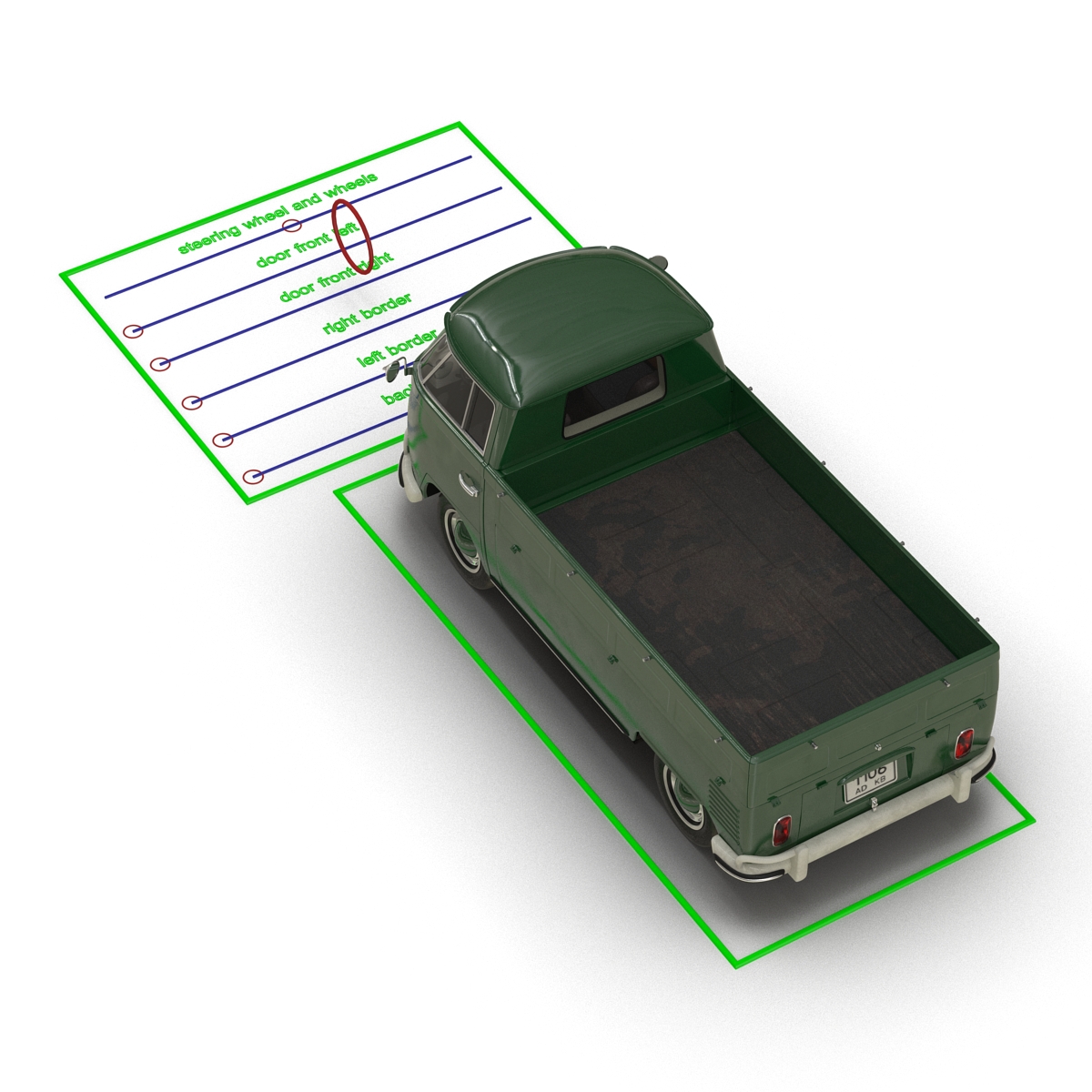 3D Volkswagen Type 2 Single Cab Pick Up Rigged Green 2
