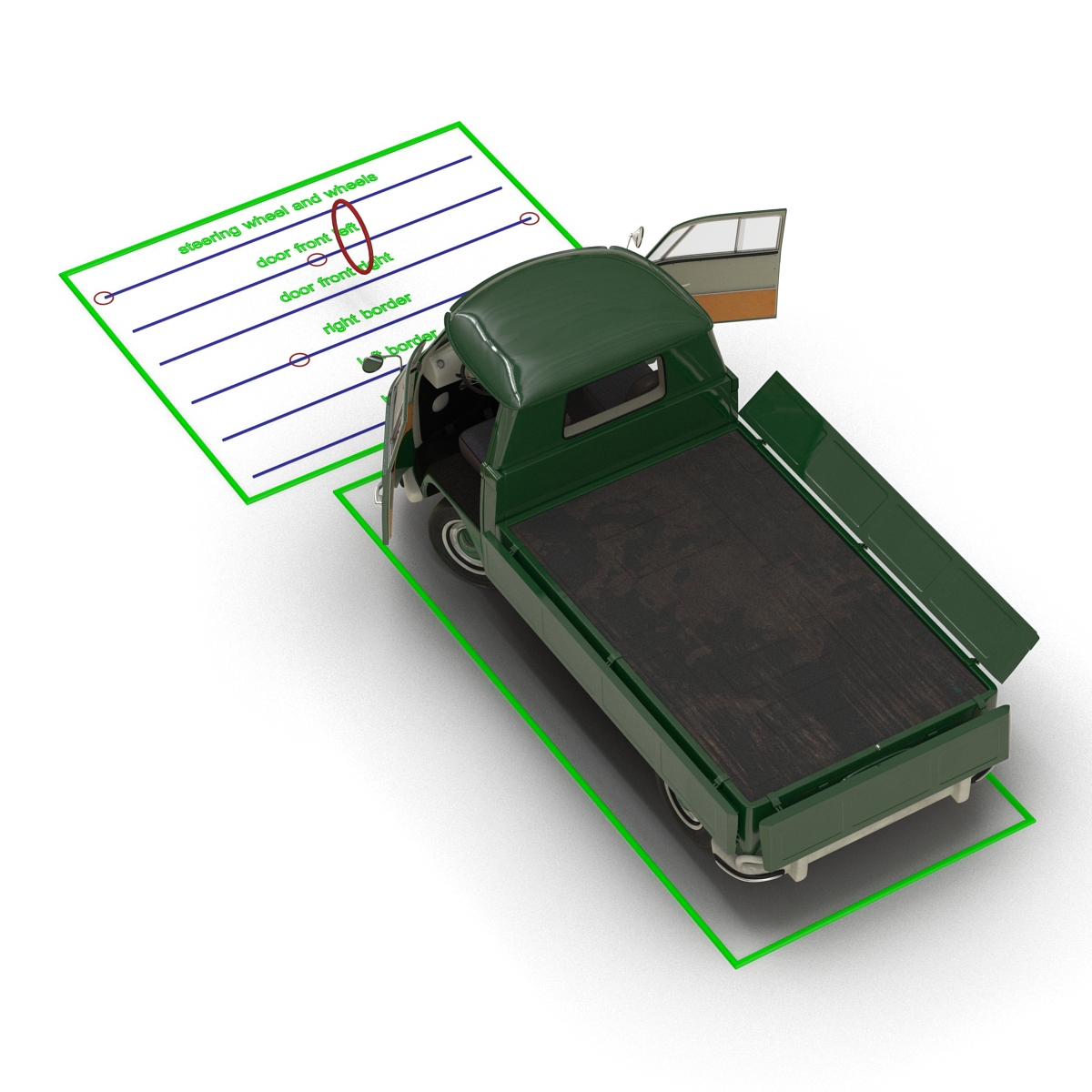 3D Volkswagen Type 2 Single Cab Pick Up Rigged Green 2