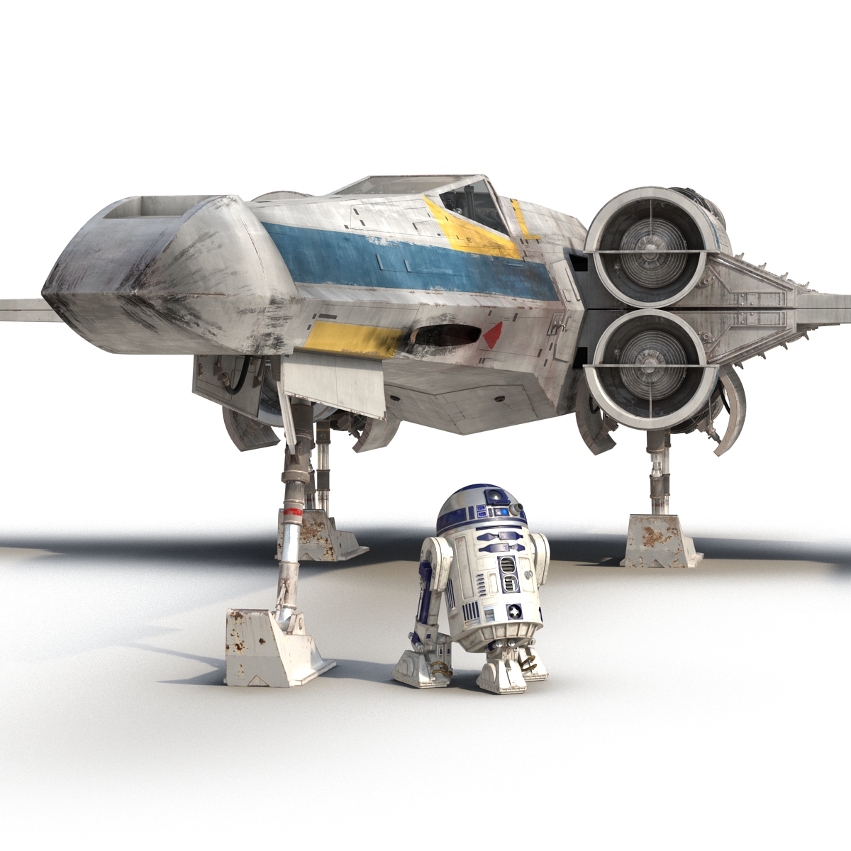 Star Wars X Wing Starfighter and R2D2 Rigged Blue 3D model