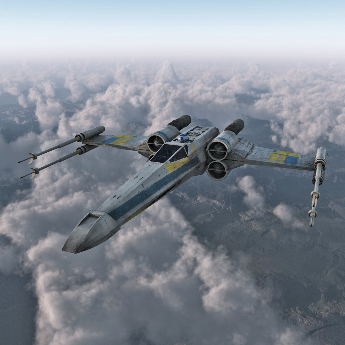 Star Wars X Wing Starfighter and R2D2 Rigged Blue 3D model