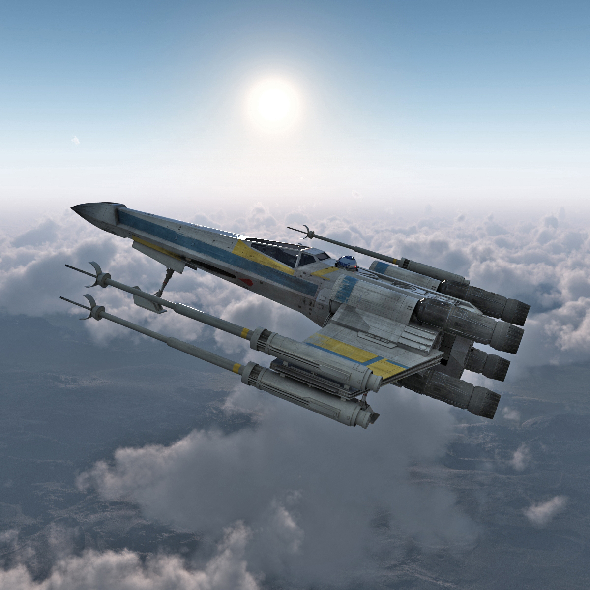 Star Wars X Wing Starfighter and R2D2 Rigged Blue 3D model