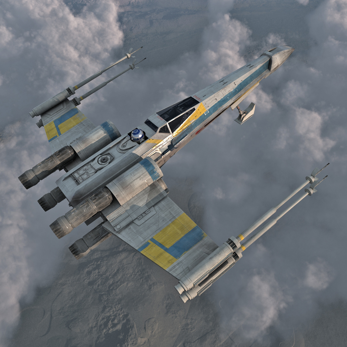 Star Wars X Wing Starfighter and R2D2 Rigged Blue 3D model