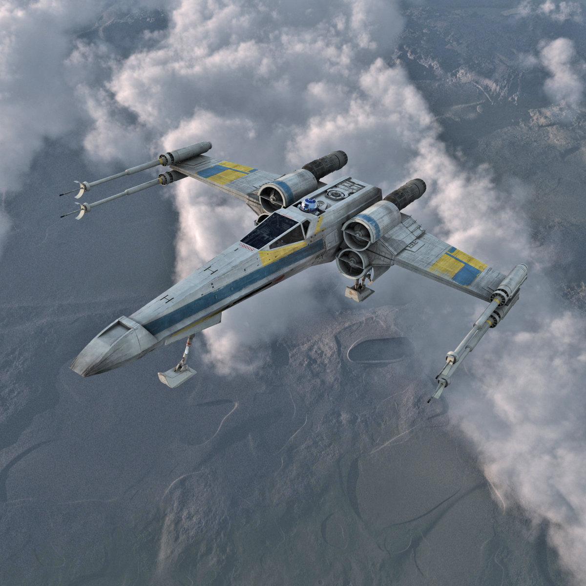 Star Wars X Wing Starfighter and R2D2 Rigged Blue 3D model