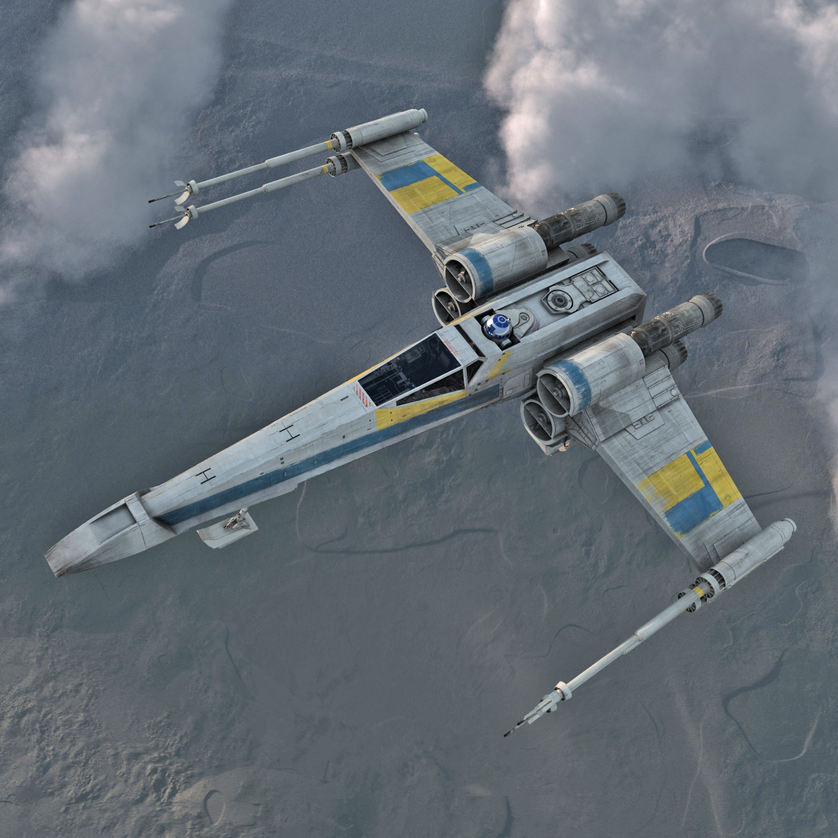 Star Wars X Wing Starfighter and R2D2 Rigged Blue 3D model