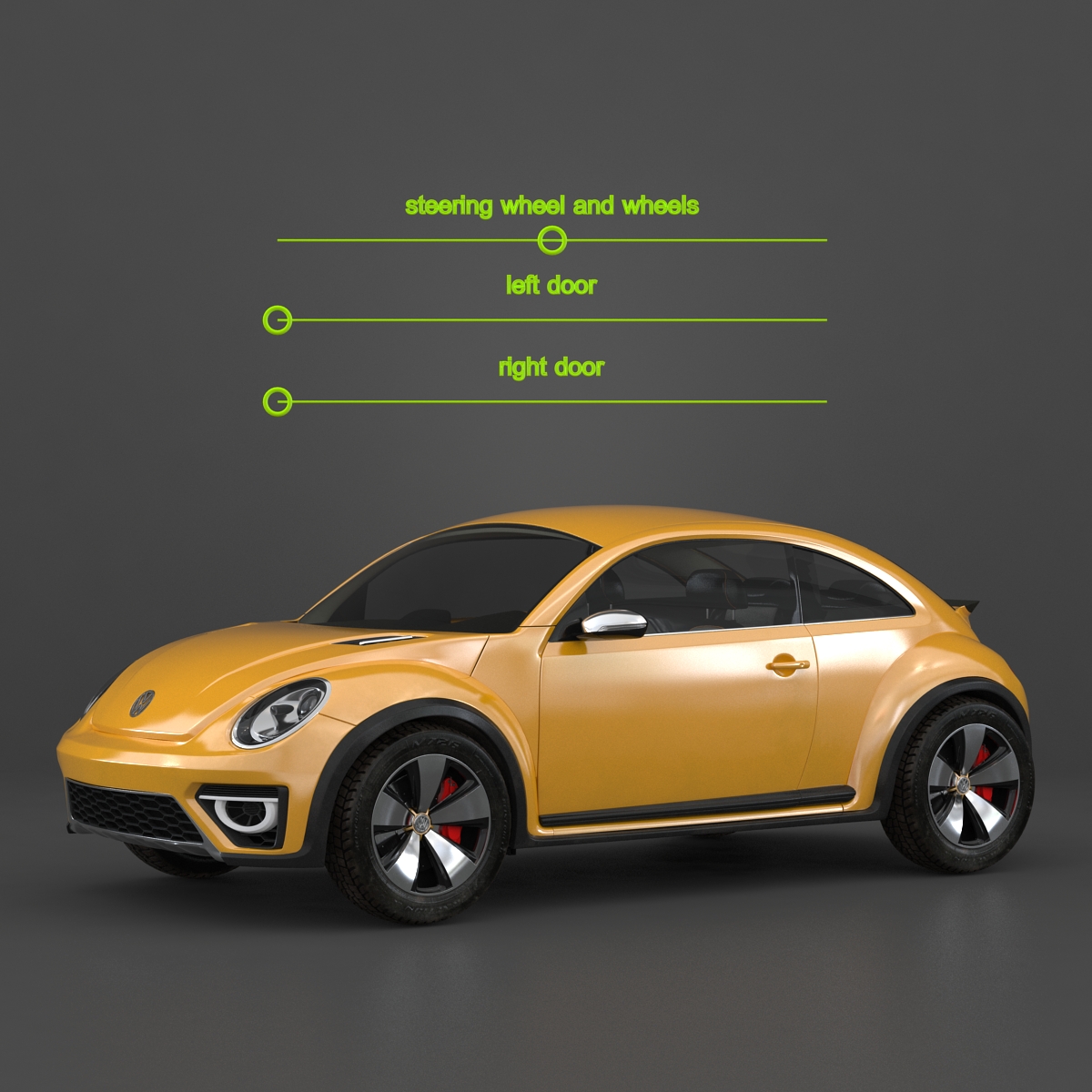 3D VolksWagen Beetle 2016 Yellow Rigged