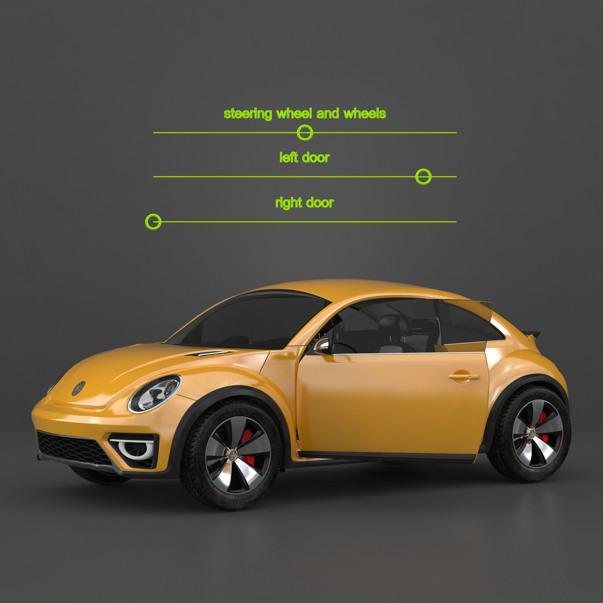 3D VolksWagen Beetle 2016 Yellow Rigged