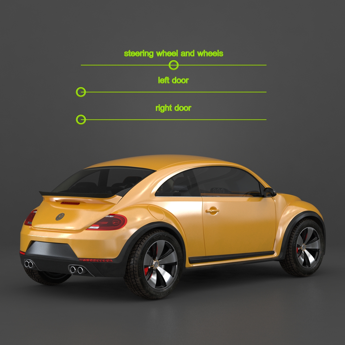 3D VolksWagen Beetle 2016 Yellow Rigged