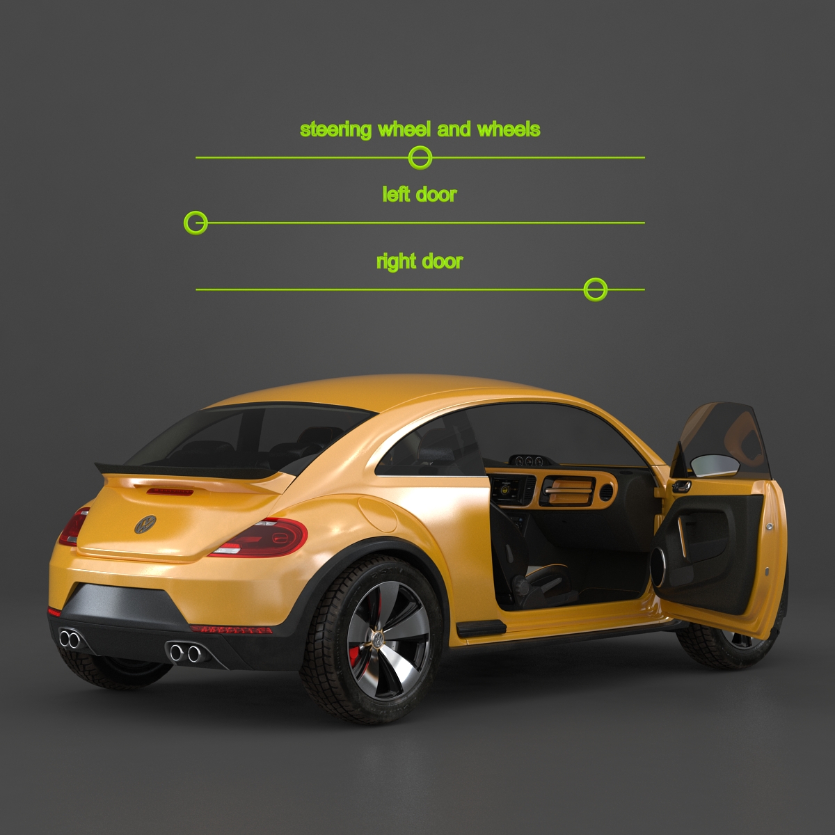 3D VolksWagen Beetle 2016 Yellow Rigged