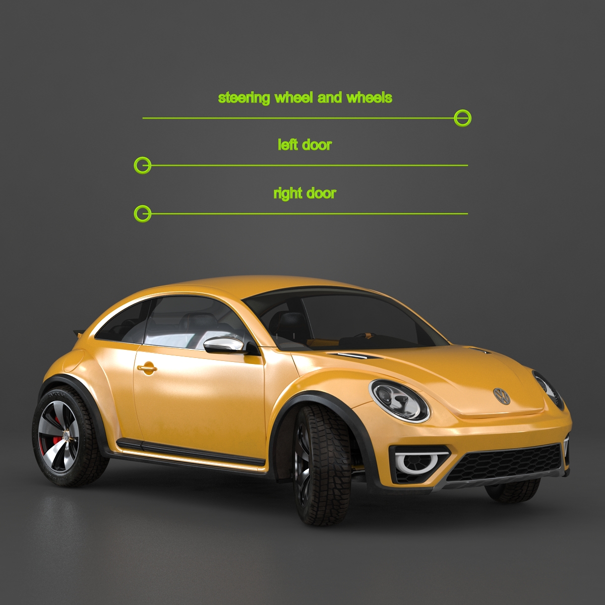 3D VolksWagen Beetle 2016 Yellow Rigged