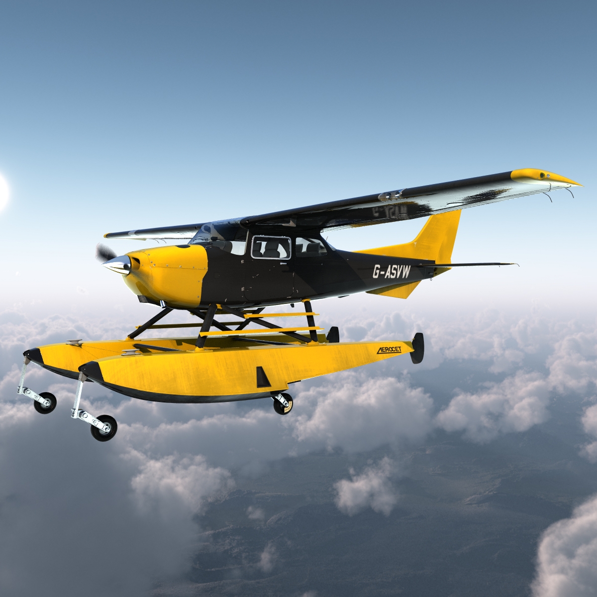 Cessna 172 Black Seaplane Rigged 3D