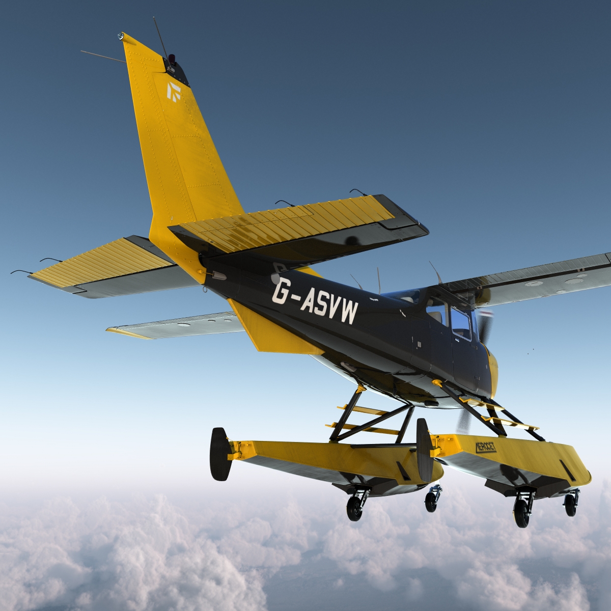 Cessna 172 Black Seaplane Rigged 3D