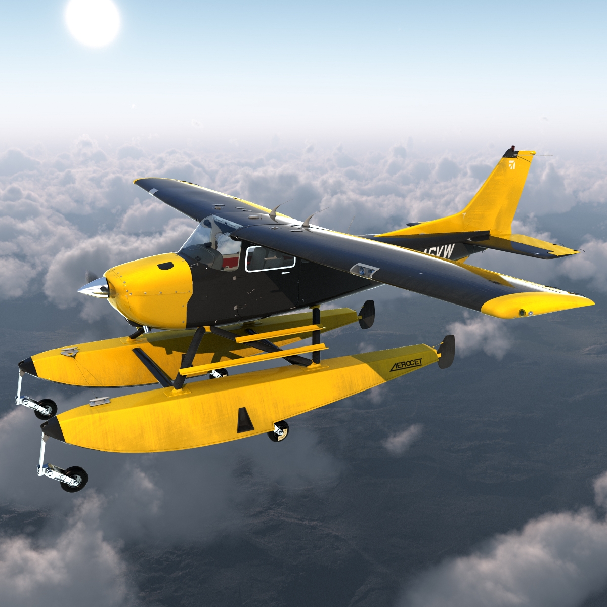 Cessna 172 Black Seaplane Rigged 3D