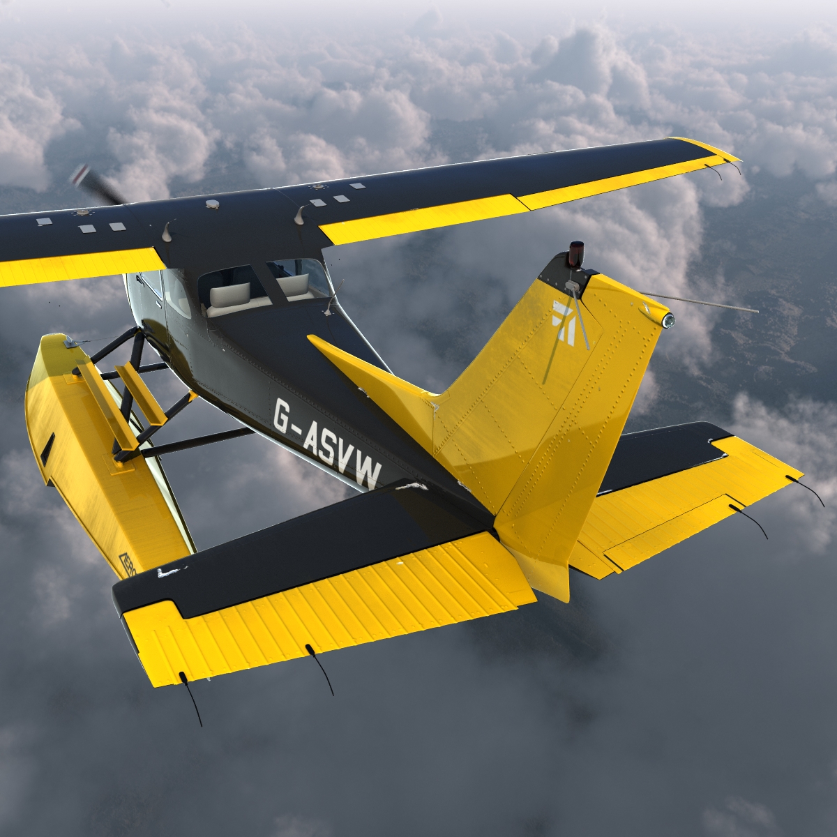 Cessna 172 Black Seaplane Rigged 3D