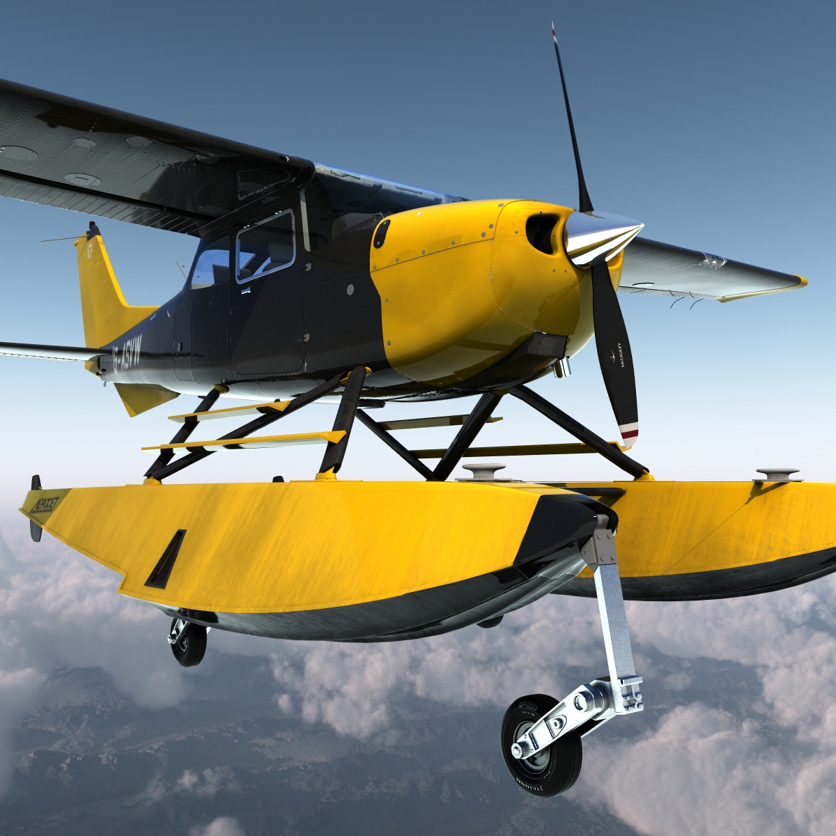 Cessna 172 Black Seaplane Rigged 3D