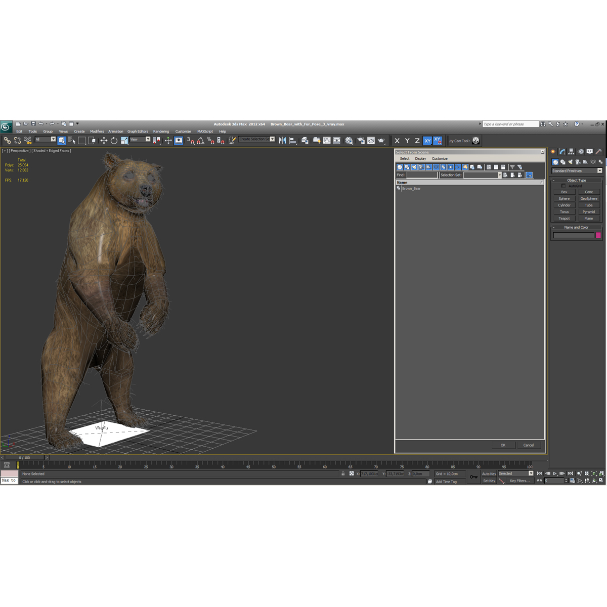 3D Brown Bear with Fur Pose 3