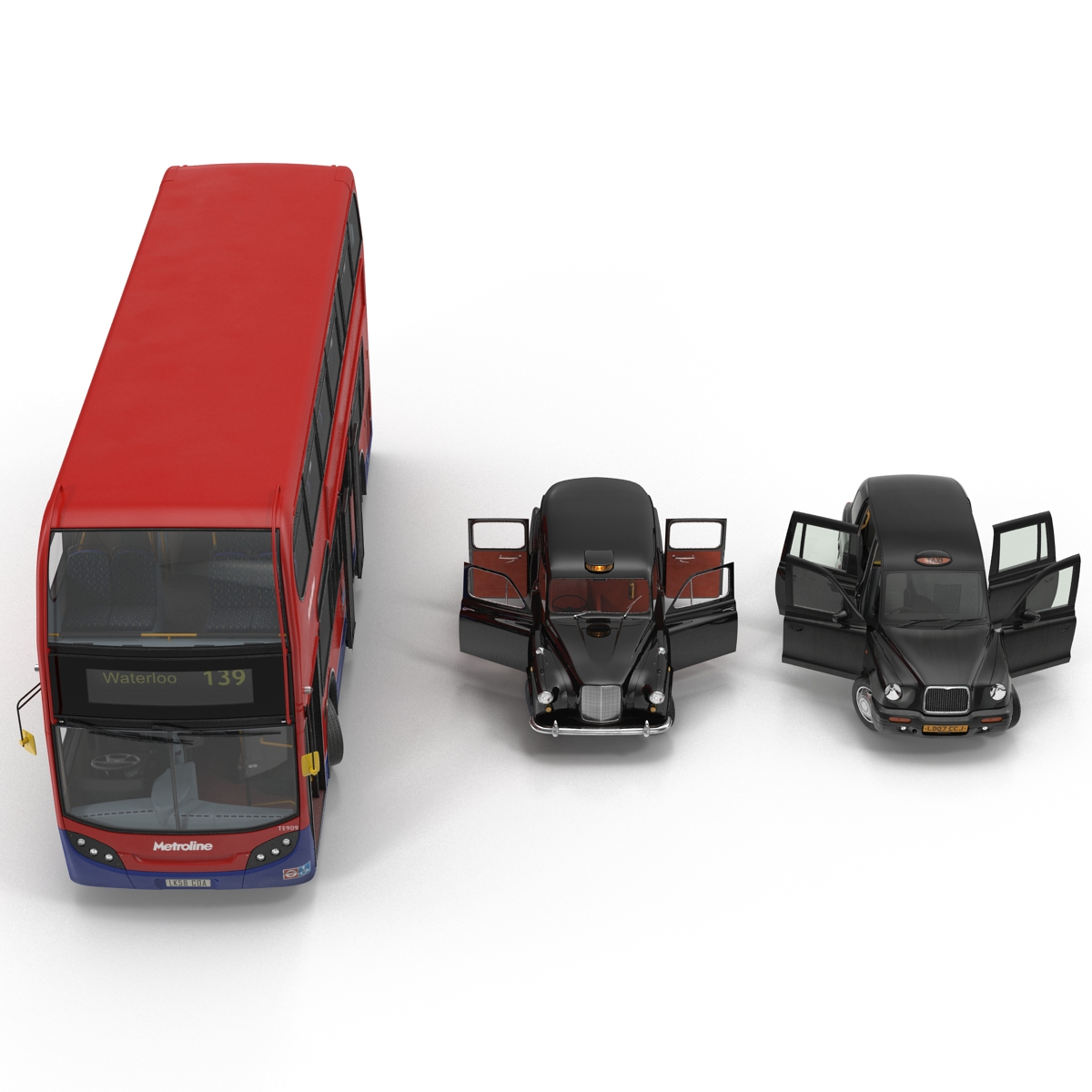 3D London Bus and Taxi Rigged Vehicle Set model