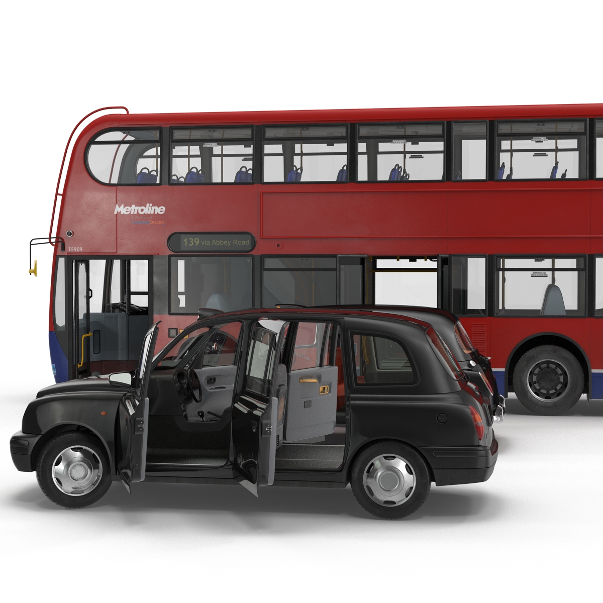 3D London Bus and Taxi Rigged Vehicle Set model