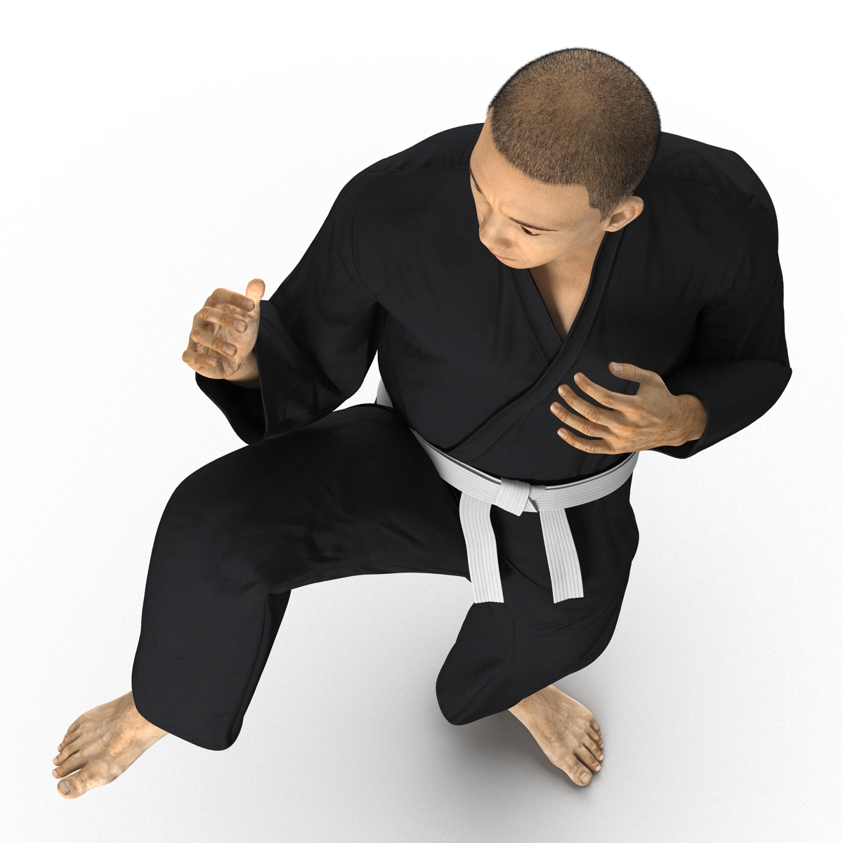 3D model Japanese Karate Fighter Black Suit Pose 3 with Fur