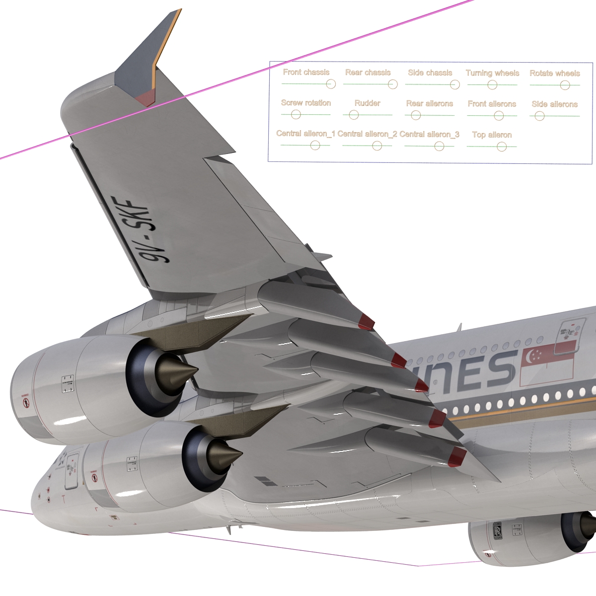 3D Airbus A380 800 Singapore Airlines Rigged