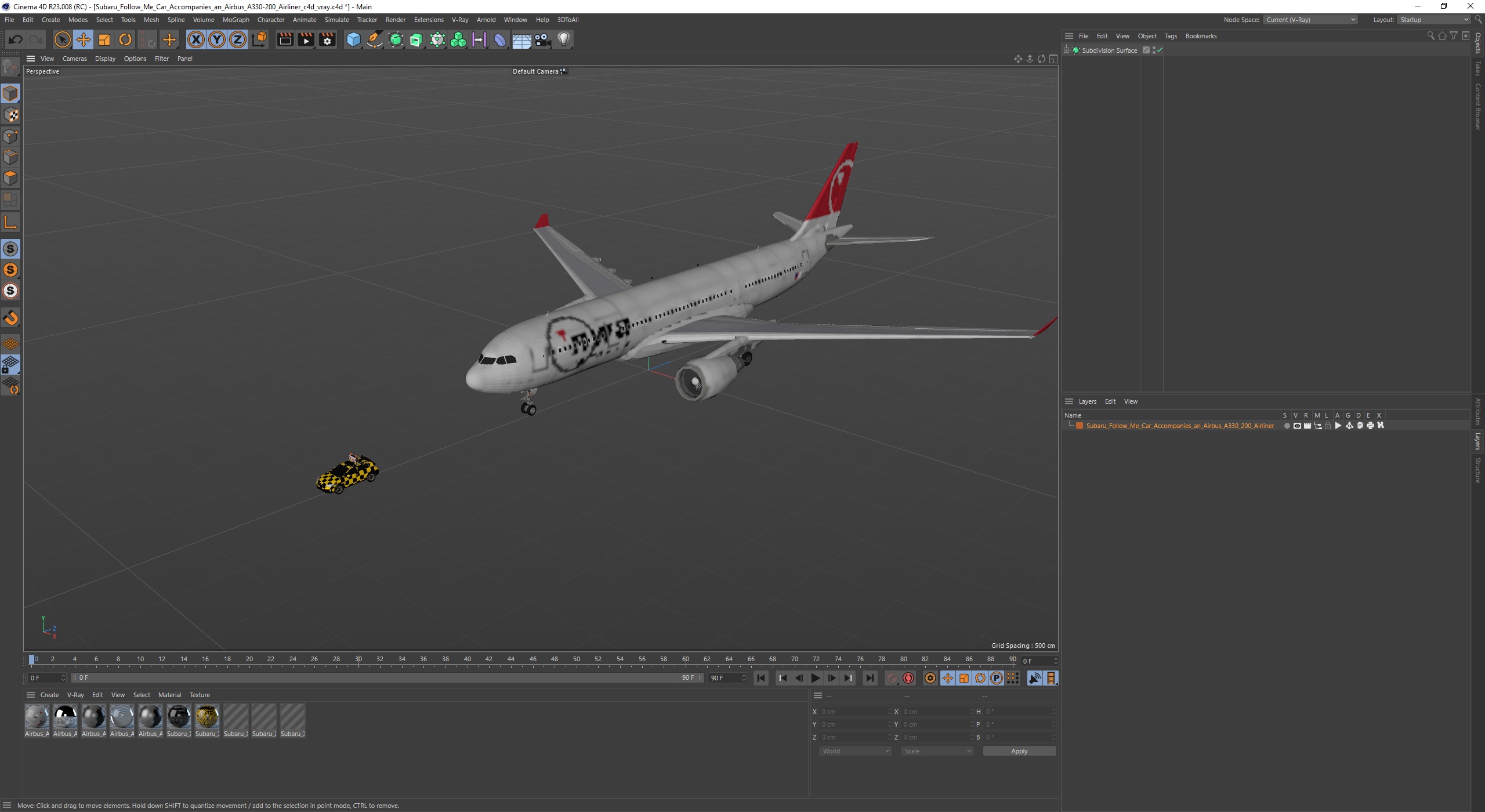 3D model Subaru Follow Me Car Accompanies an Airbus A330-200 Airliner