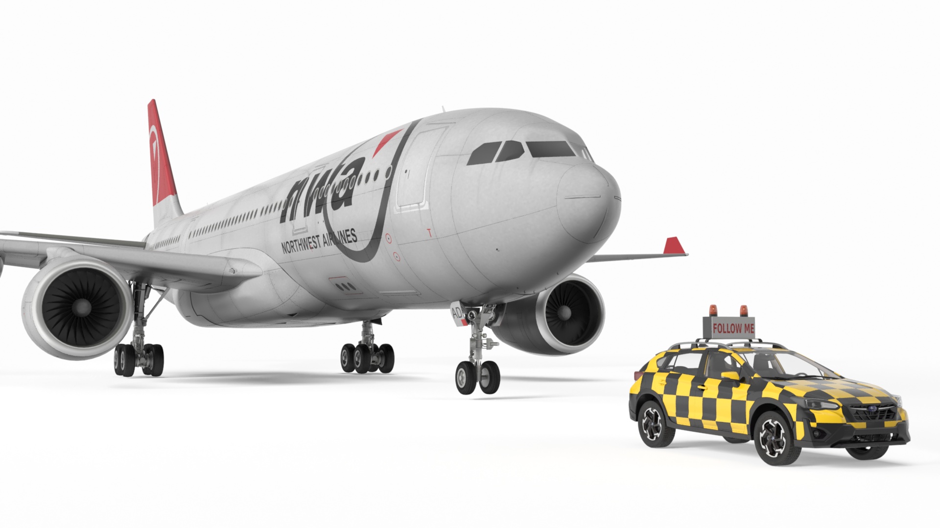 3D model Subaru Follow Me Car Accompanies an Airbus A330-200 Airliner