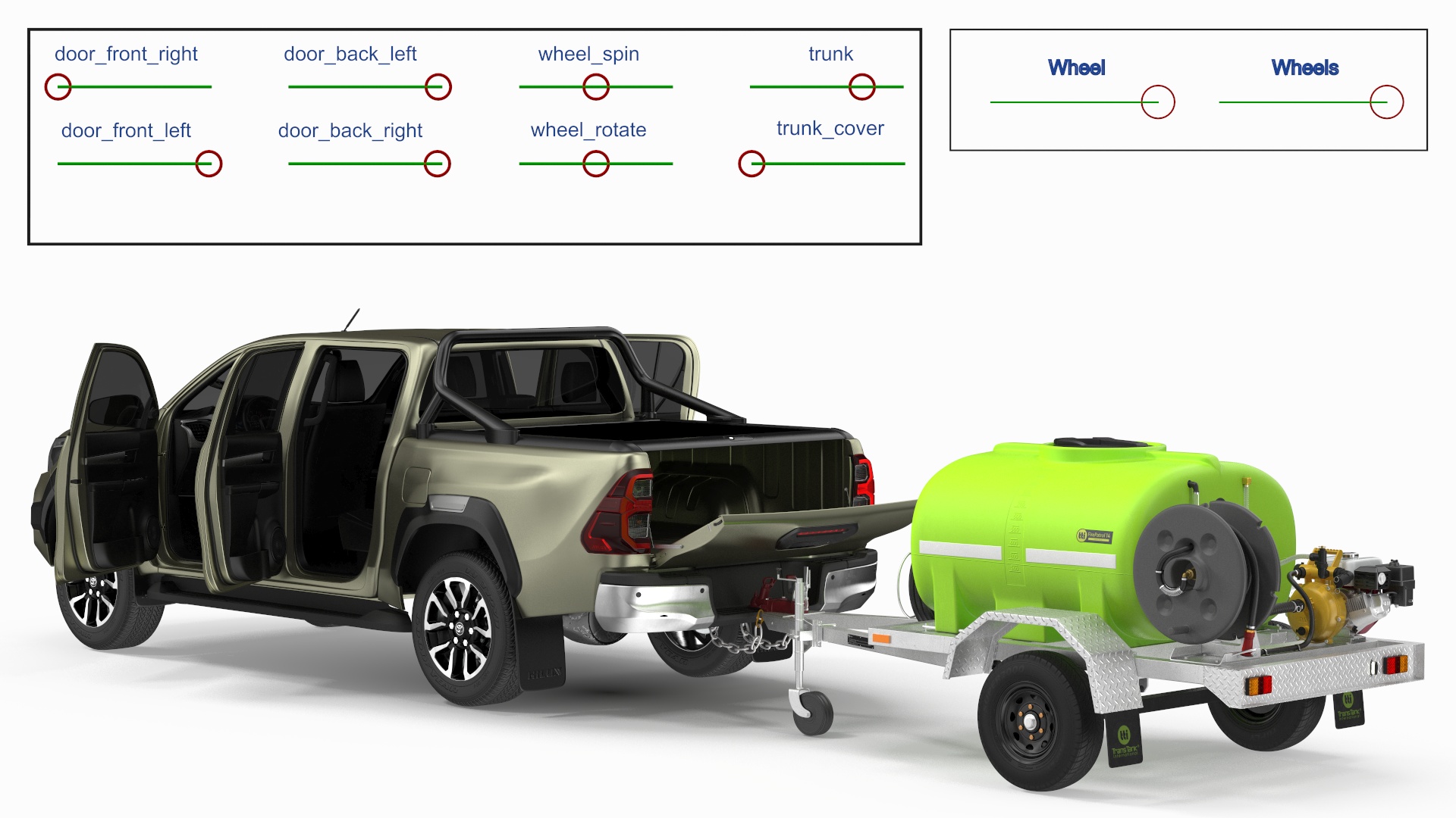 3D model Pickup with Fire Fighting Trailer Rigged