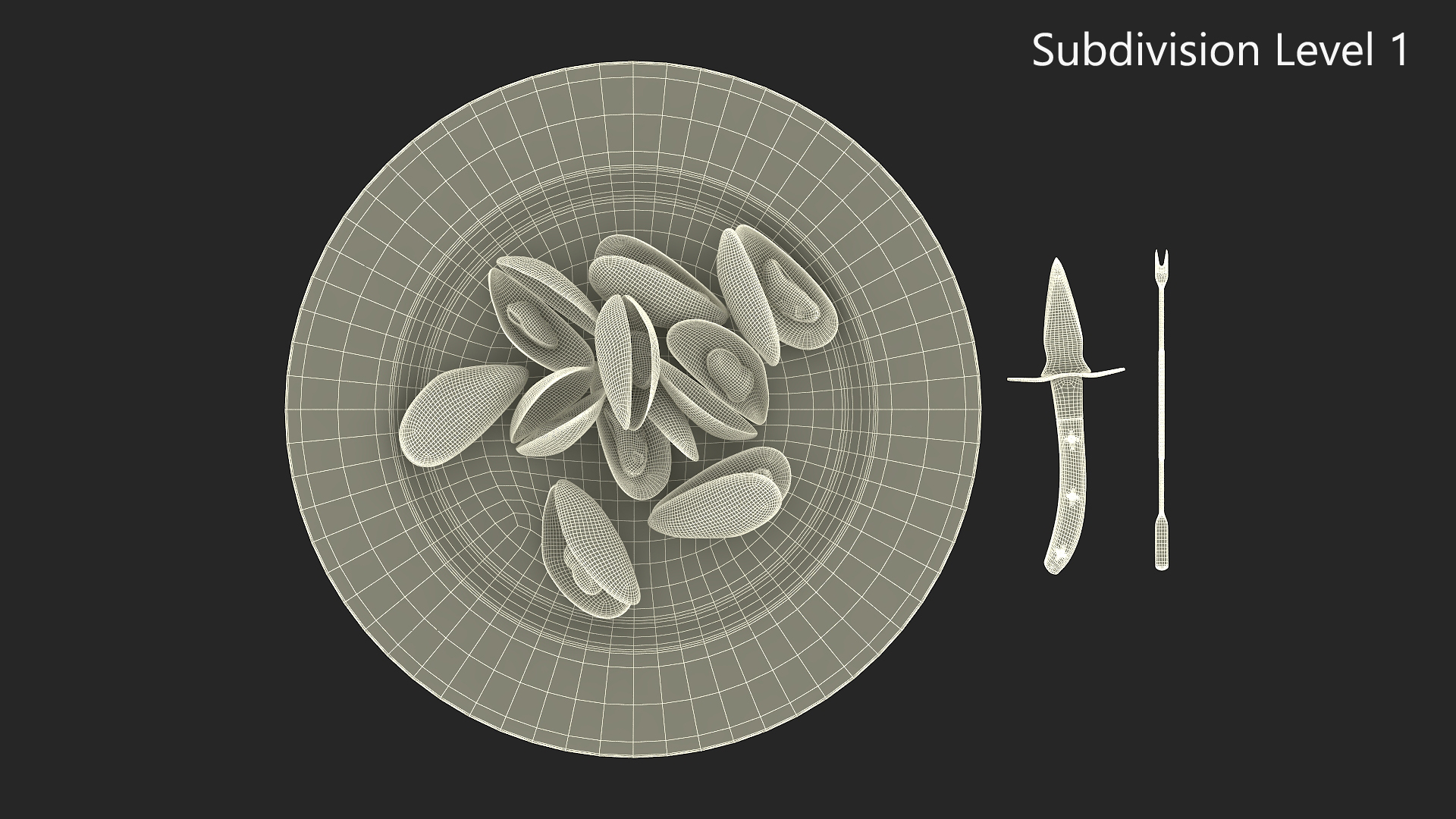 3D Boiled Mussels with Seafood Knife Fork model