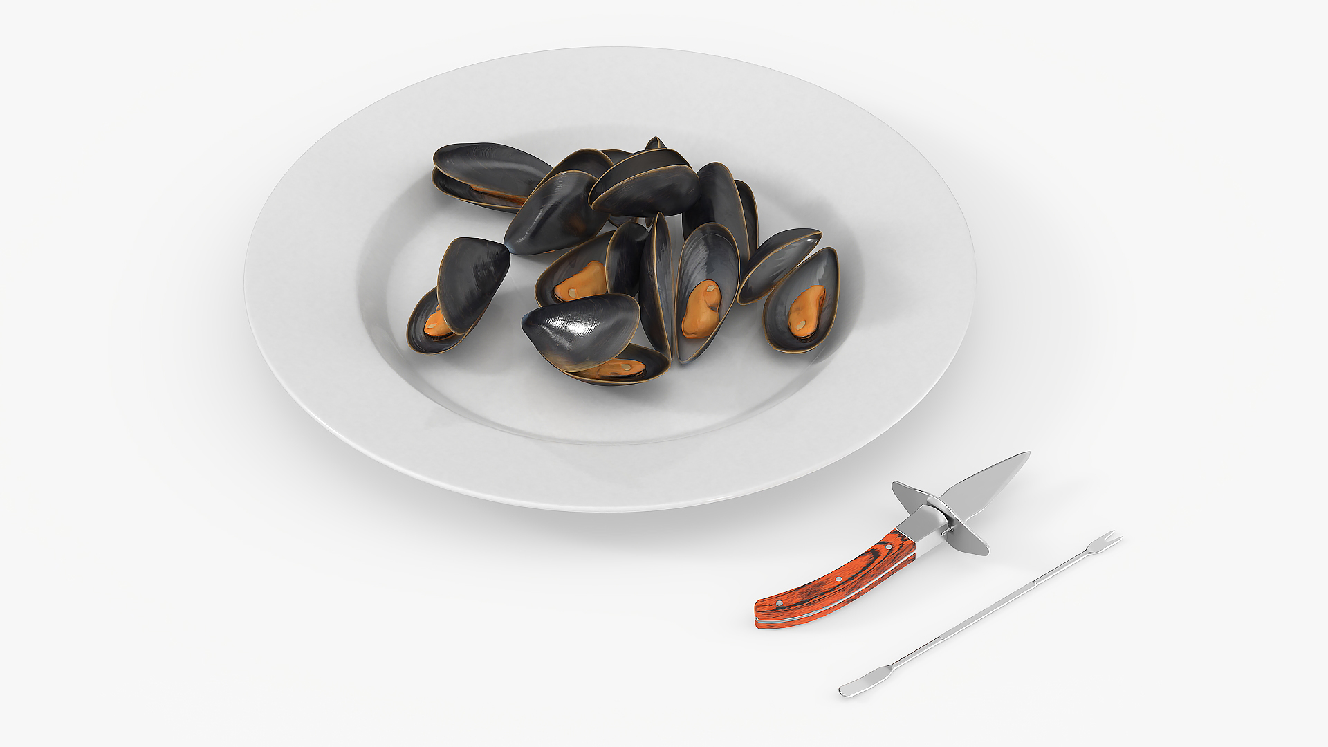 3D Boiled Mussels with Seafood Knife Fork model