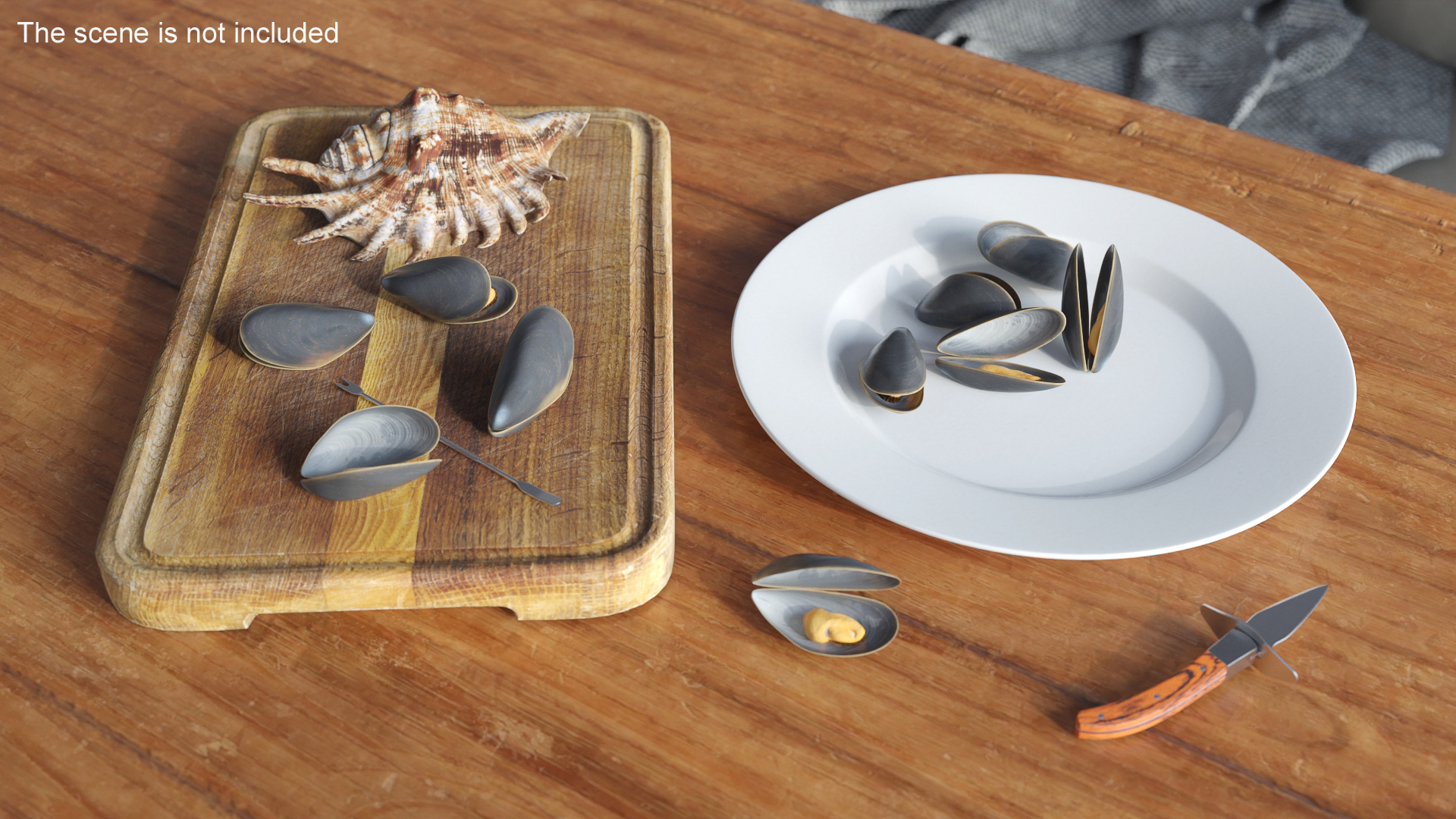 3D Boiled Mussels with Seafood Knife Fork model