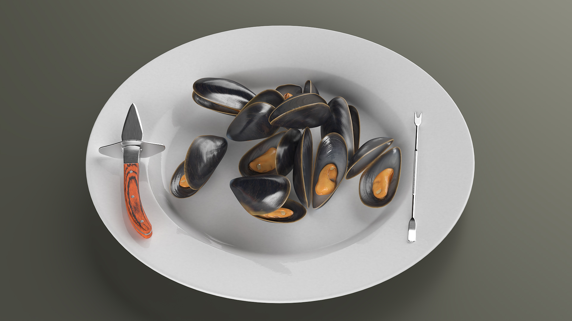 3D Boiled Mussels with Seafood Knife Fork model