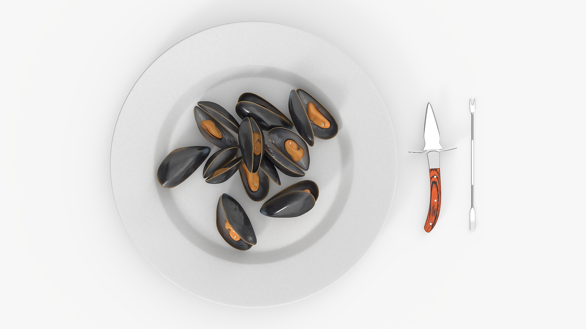 3D Boiled Mussels with Seafood Knife Fork model