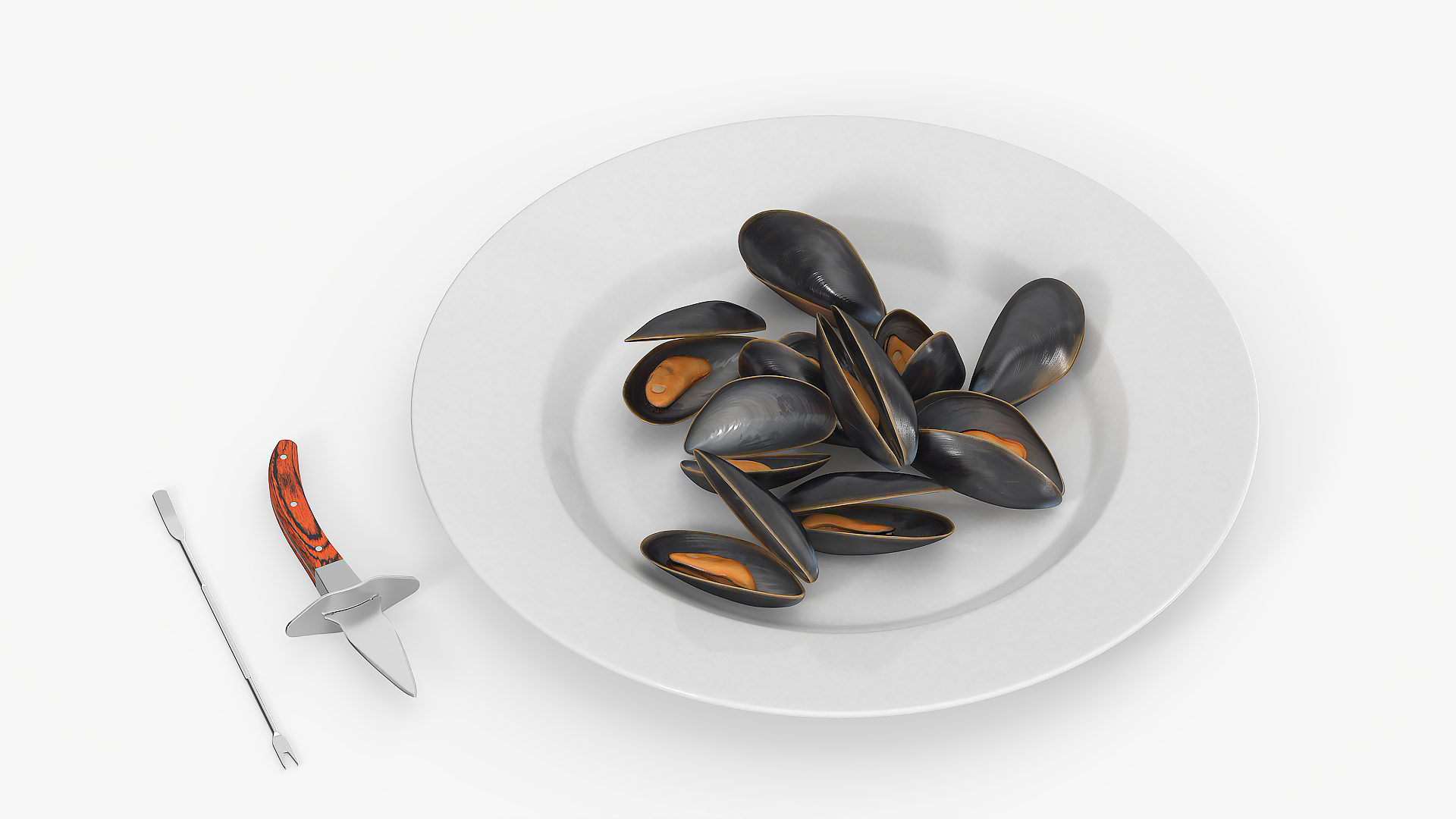 3D Boiled Mussels with Seafood Knife Fork model