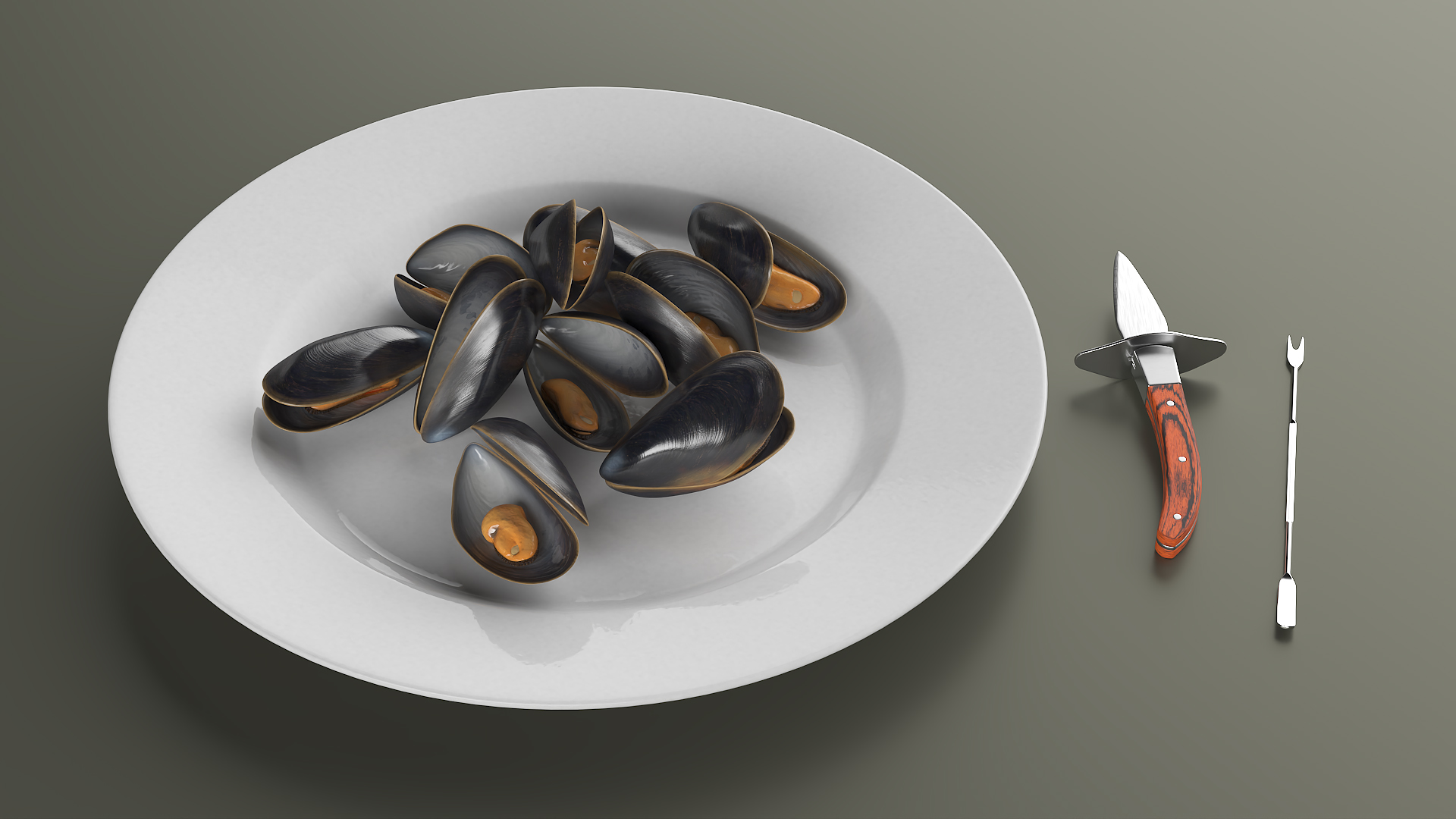 3D Boiled Mussels with Seafood Knife Fork model