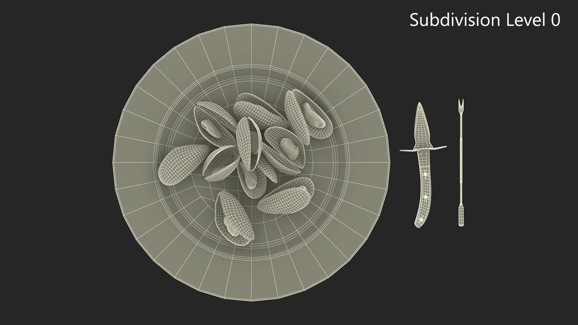 3D Boiled Mussels with Seafood Knife Fork model