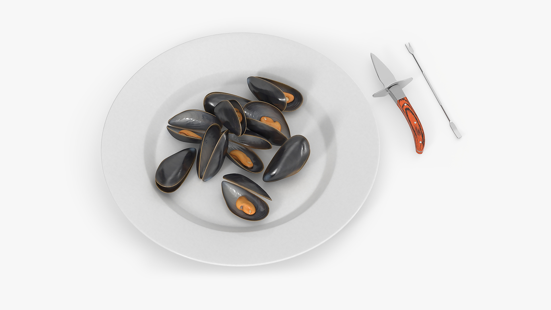 3D Boiled Mussels with Seafood Knife Fork model