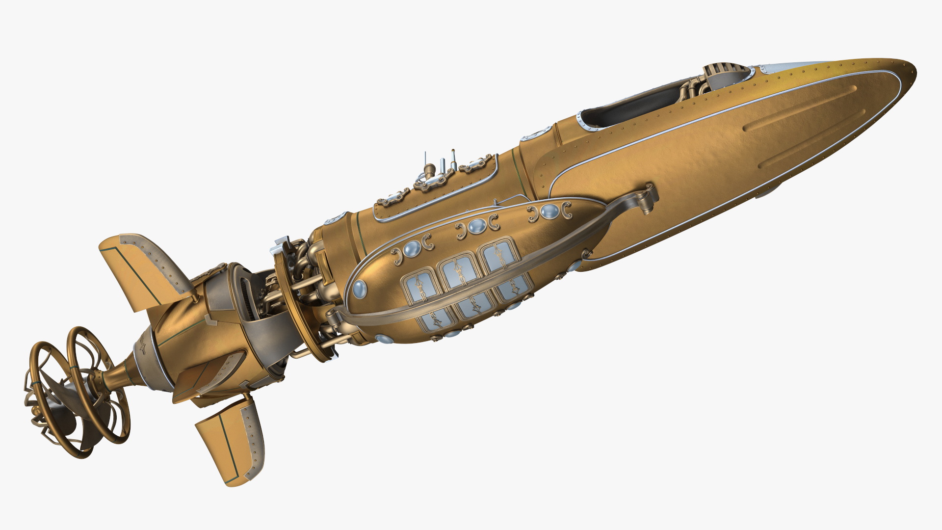 3D Fantastic Steampunk Submarine Bronze Rigged model