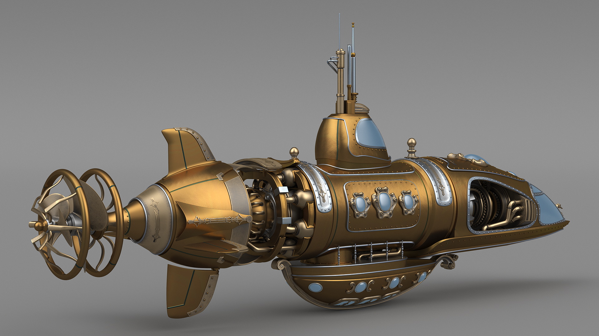 3D Fantastic Steampunk Submarine Bronze Rigged model