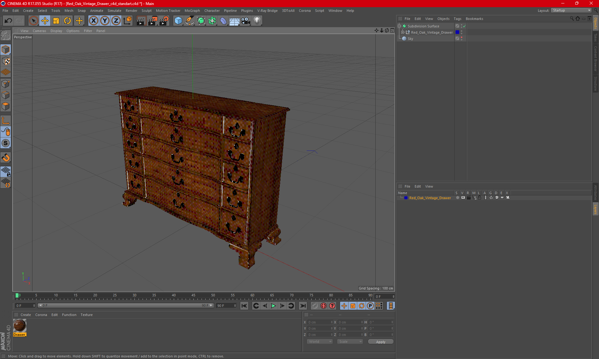 Red Oak Vintage Drawer 3D