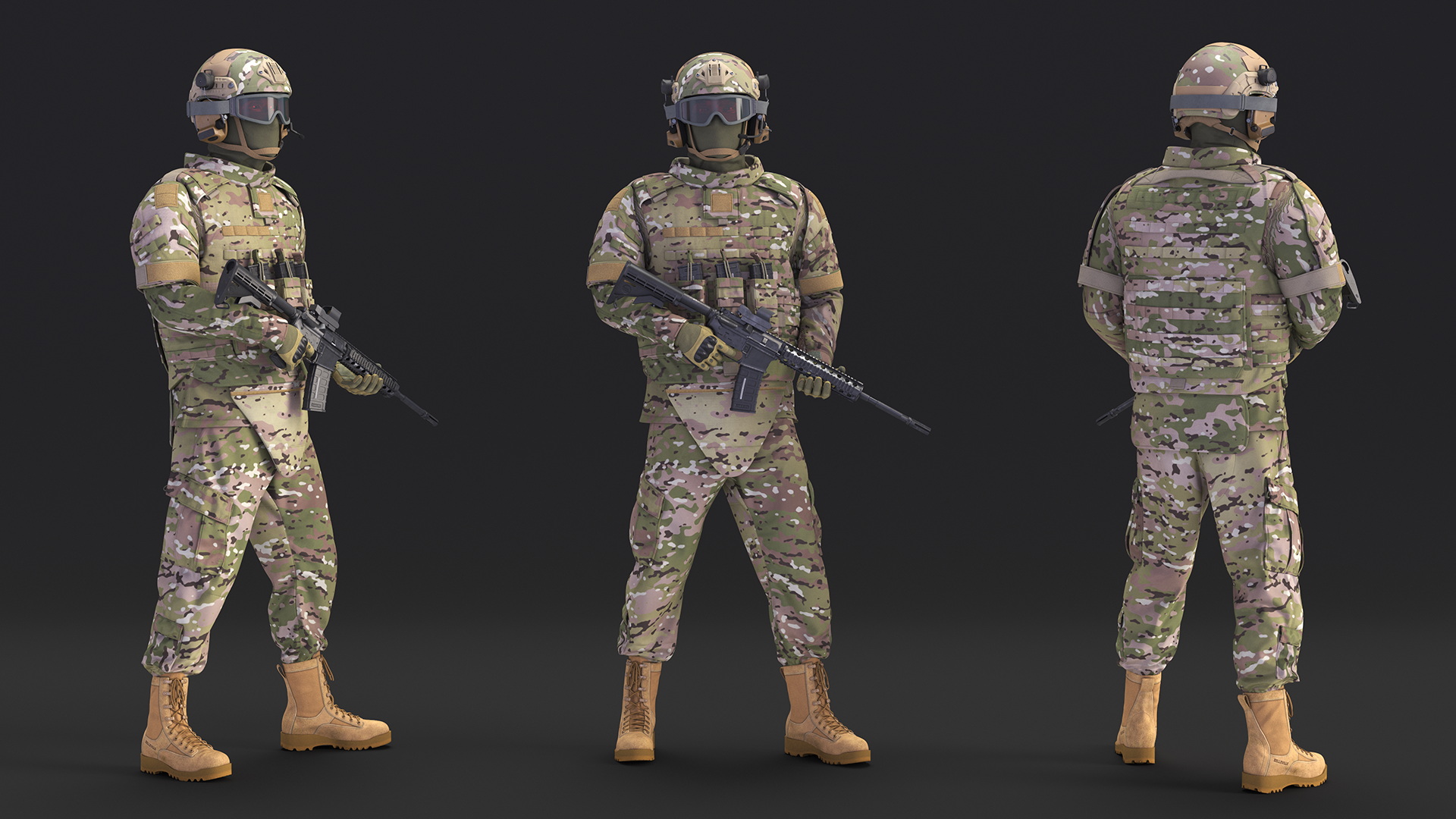 Soldier in Green Tactical Gear with Goggles Standing 3D