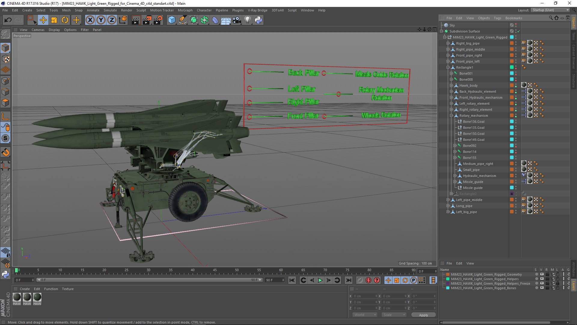 3D MIM23 HAWK Light Green Rigged for Cinema 4D model