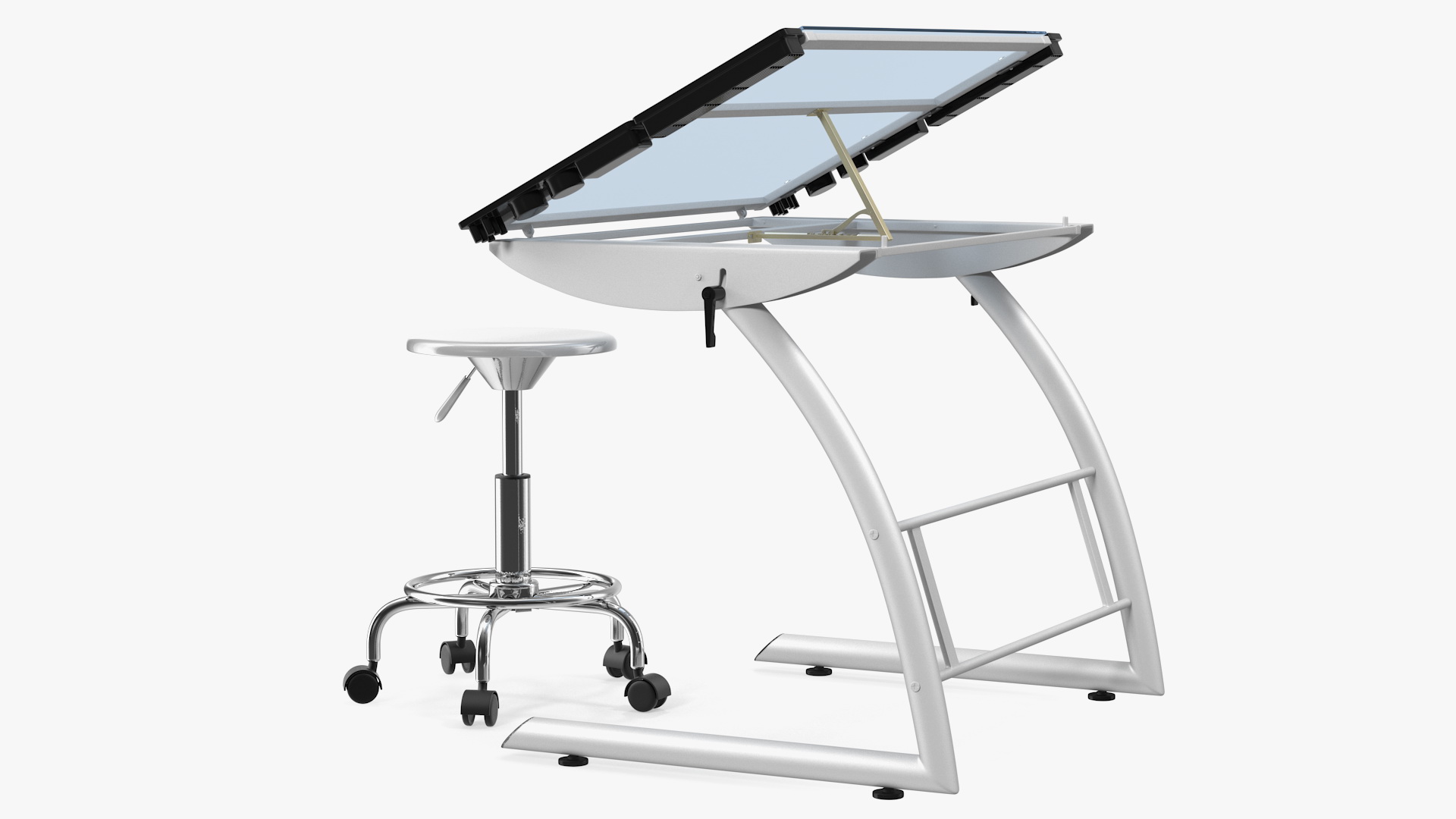 3D model Triflex Adjustable Glass Drawing Table with Stool White